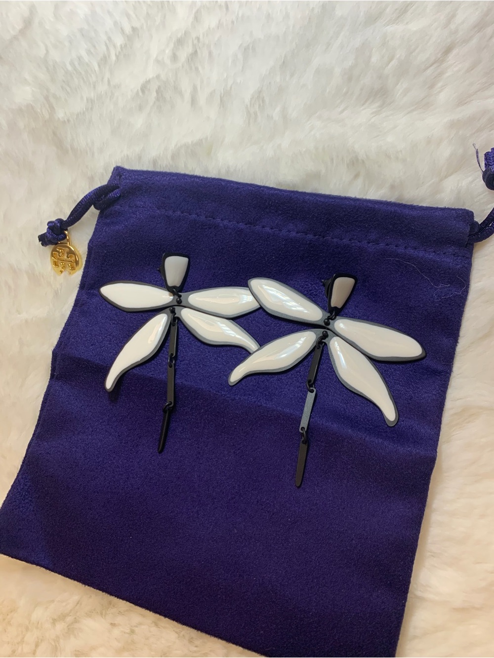 Tory Burch White and Black Dragonfly Drop Earrings